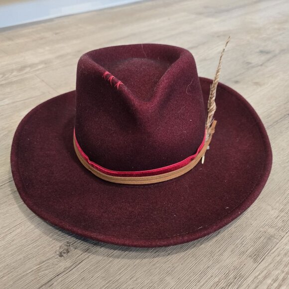 Wyeth jared in wine Burgundy Wool Fedora Hat With Feather Accent main image 5